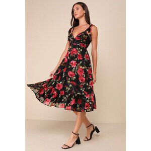 Lulus Lush Loveliness Black Floral Jacquard Tie-strap Midi Dress - Size S